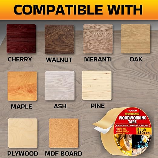 Trazon Double Sided Woodworking Tape Super Strong, 2 Inch x 120 Feet, Wood Crafter Sticky Tool, Two Side Adhesive for Router Templates and CNC Machine, Removable & Residue Free