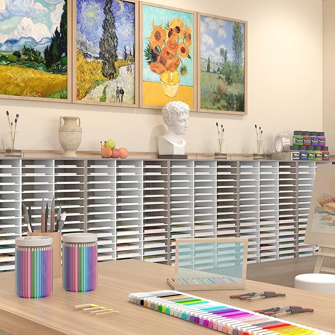 EasyPAG Wooden Literature Organizer with Adjustable Shelves, 48 Compartments Office Paper Organizer Storage 24000 Sheets Letter Size Paper, Student Mailbox for Classroom, Retro Gray/White