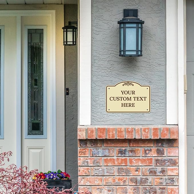 Custom Decorative Sign, Personalized Metal Sign for Business, Driveway, Home, Airbnb, Office Door Plaque, Brown Border Sign, 14x10 Inches, ACM, Fade Resistant, Made in USA by Sigo Signs