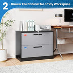 PEUKC 2 Drawer File Cabinet, Lateral Filing Cabinets for Home Office, Office Storage Drawers with Lock, Hanging Files Legal/Letter A4 Size (Assemble Required,Black Grey)
