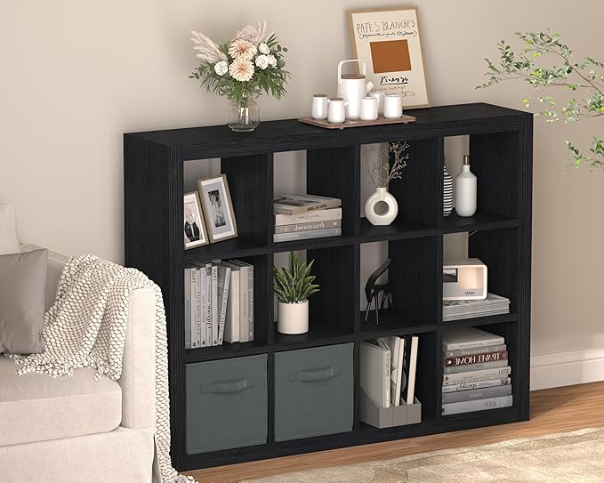furtble Bookshelf with Storage Bin, 12-Cube Storage Organizer, Modern Wood Open Bookcase, Multifunctional Display Shelf for Living Room, Bedroom, Home Office, Black