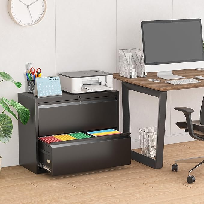 Pataku Lateral File Cabinet, 2 Drawer File Cabinet with Lock, Black Filing Cabinets for Home Office, Metal File Cabinet for Hanging Files/Letters/Legal/F4/A4(2Drawer/Black)