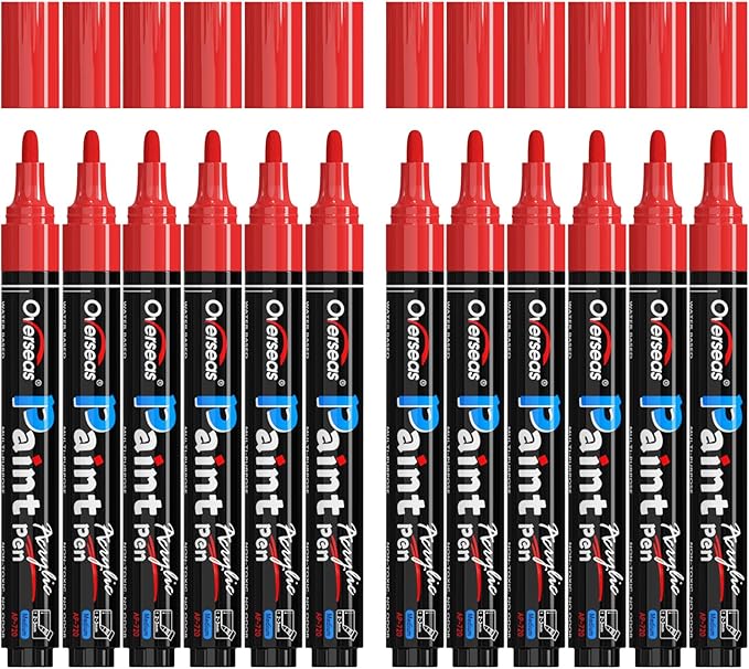 Overseas Red Paint Pens Paint Markers - Permanent Acrylic Markers 12 Pack, Water-Based, Quick Dry, Waterproof Marker Pen for Rock, Wood, Plastic, Metal, Canvas, Glass, Fabric, Mugs. Medium Tip