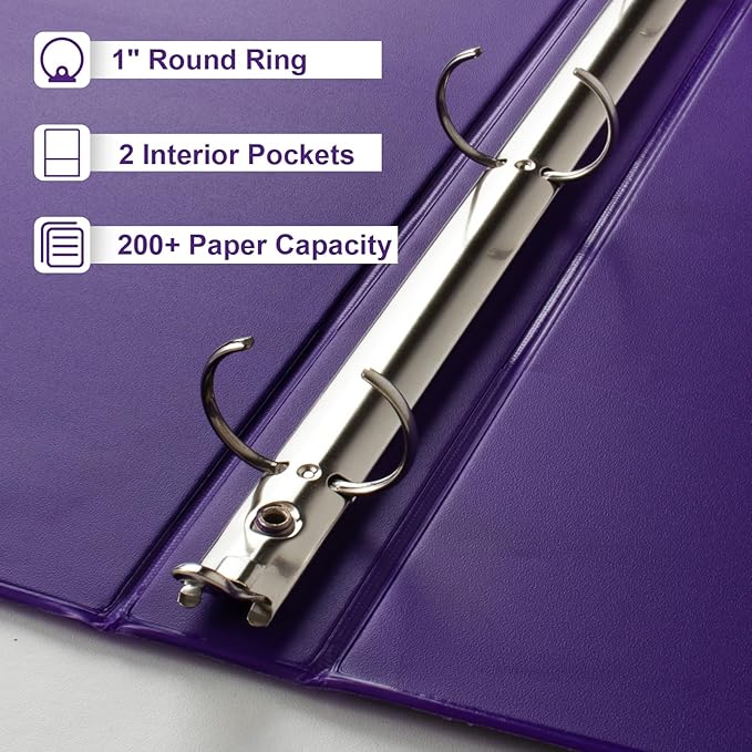CIXILDTS 1-Inch Round Ring Binder, Standard 3 Ring Binder Fit Letter Size Paper, Presentation View Binders, 6-Pack, Purple