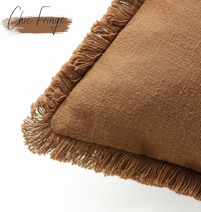 Foindtower Set of 2 Decorative Linen Fringe Throw Pillow Covers Cozy Boho Farmhouse Cushion Cover with Tassels Soft Accent Pillowcase for Couch Sofa Bed Living Room Home Decor, 26×26 Inch,Orange Brown