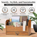Flexzion 3 Tier Wooden Desk Organizer - Country Rustic Compartments Slot File Tray Pencil Sorter Shelf Holder Supplies Rack Accessories Set with Storage Drawer for Desktop Tabletop Office Home Brown