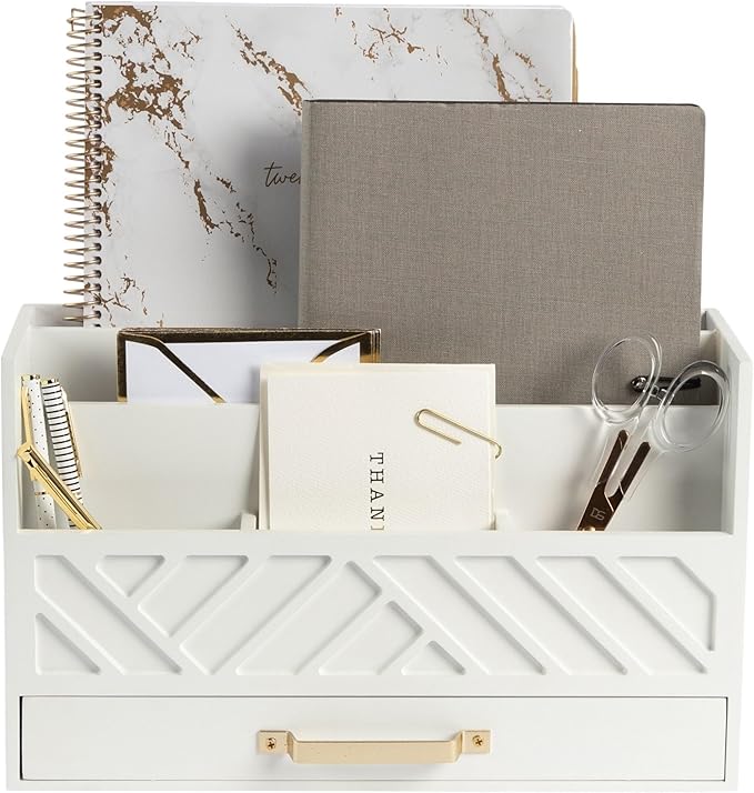 BLU MONACO White Wooden Mail Organizer With Drawer and Gold Handle | Desktop Storage for Home Office and Classroom | Multi-Section Letter Sorter | 4.6”D x 12.4”W x 7.5”H Tabletop Accessory Holder