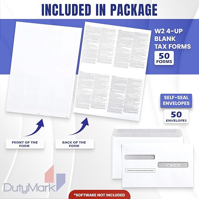 W2 Forms 2025 with Envelopes, Blank W2 4 Up Tax Forms 2025, 50 Employees kit, with Instructions in Back, Compatible with QuickBooks and Accounting Software, Idea for E-Filing, 50 Self Seal Envelopes