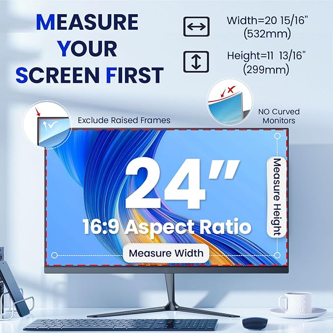 Magnetic 24 Inch Privacy Screen for Frameless Monitor 16:9 Aspect Ratio,Hanging Blue Light Screen Protector Eye Protection Anti-Spy Shield, 24in Removable Privacy Filter
