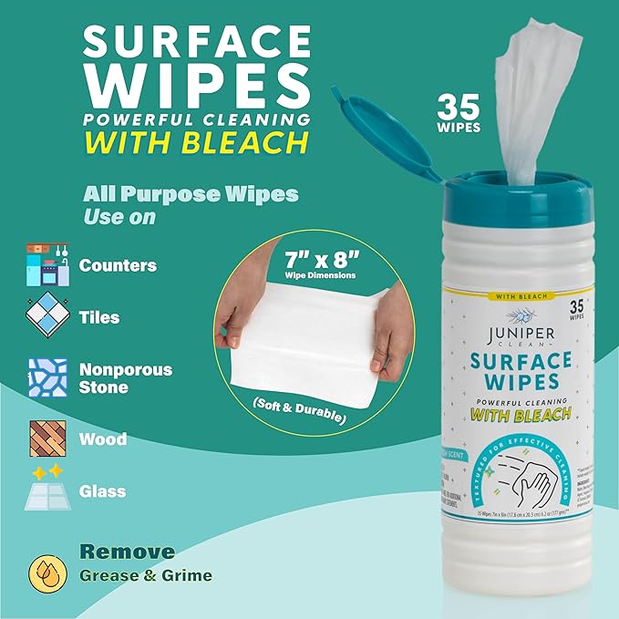 Juniper CLEAN 12 Pack Surface Cleaning Wipes with Bleach, All-Purpose Cleaner for Bathroom, Kitchen, Office, 420 Count Canister, 7.5" x 7" Sheet, Fresh Scent, Lint Free & Durable