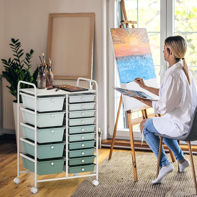 GOFLAME 15-Drawer Rolling Storage Cart, Craft Storage Cart with Removable Drawers & Lockable Wheels, Art Cart Supply Storage Organizer for Home Office Classroom, Green Gradient