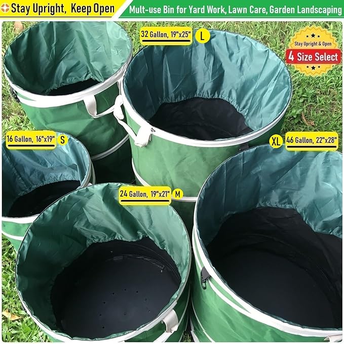 46-Gallon Collapsible Trash Can (22x28 in) Hard-Shell Bottom Yard Garden Bag,Big Leaf Bag,Yard Waste Bag,Debris Container,Pop-Up Recycling Bin,Camping Waste Bin,Laundry Hamper,Lawn Grass,Weeds Barrel