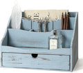 Rebee Vision Pine Wooden Mail Organizer for Desk - Rustic Farmhouse Mail Holder for Desk Organization with Drawer & Dividers - 4-Slot Letter Sorter, File Storage & Home Office Decor (Blue)