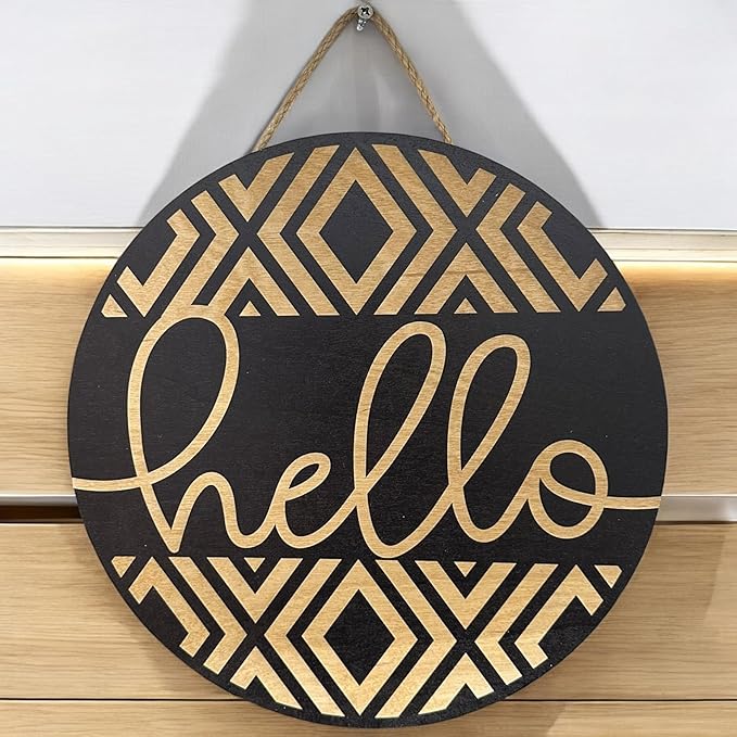 Wood front door sign Wood sign Home decor Welcome sign Sign for front door House warming gift Wedding gift (Hello Geometric-UV028(NB) S008, 15" Width)