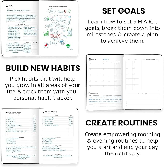 Wyze Planner Undated Daily Planner – 1-Year B5 Productivity Organizer with Two-Page Weekly Spread, Goal Setting, Habit Tracker, Weekly & Monthly Pages – Hardcover Time Management Notebook (Black)