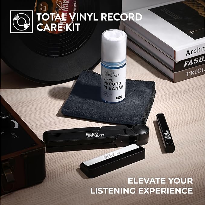 Big Fudge Complete Vinyl Record Cleaning Kit - 6-in-1 Vinyl Cleaner - incl. Carbon Fiber Brush, Stylus Cleaner, Drying Stand, Microfiber Cloth & Towel - Record Player Accessories