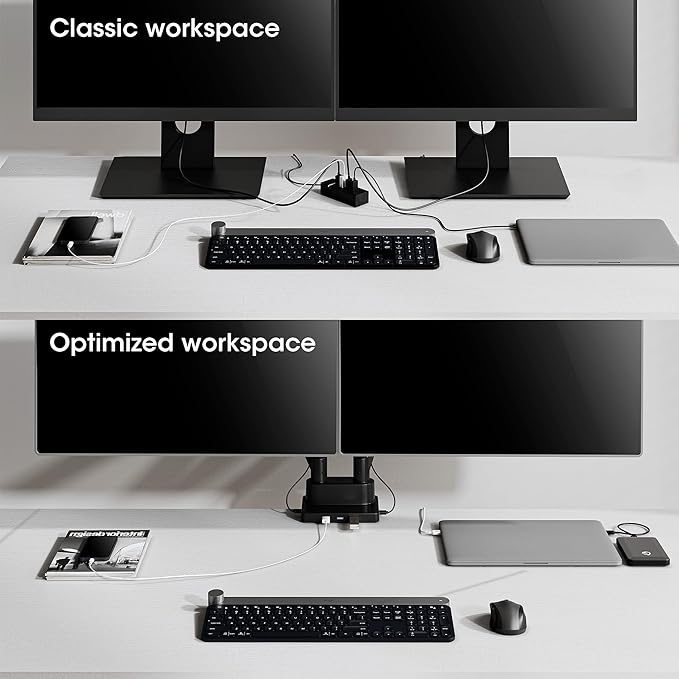 Manhattan Aluminium Desk Mount with Gas Lift for Dual Monitors & 8-in-1 Docking Station, for Monitors from 17" to 32" and up to 9 kg per arm, Black, 461887