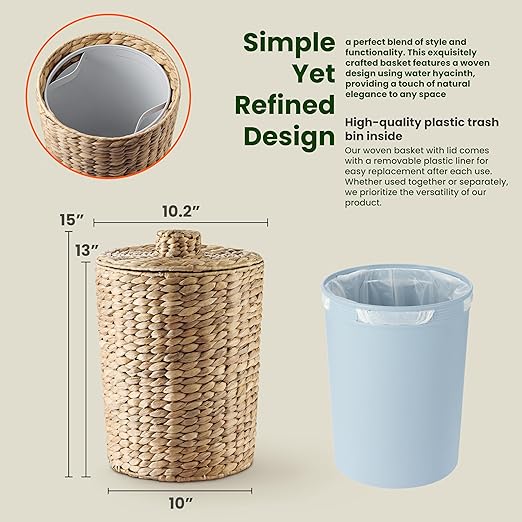 Tidita 4 Gallons Wicker Waste Basket - Water Hyacinth Bathroom Garbage Can with a Lid - Bathroom Trash Can Boho Style - Wicker Trash Can with Lid for Household, Kitchen - Removable Liner, Iron Frame