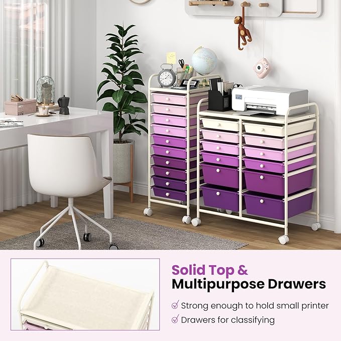 Giantex 12 Drawers Rolling Storage Cart, Classroom Organizers with Wheels for Tools Scrapbook Craft Paper Teacher Office School Supplies (Purple Gradient)