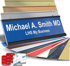 Personalized Name Plate with Choice of Mounting Holders for Walls, Doors, Cubicles, Hanging and More - Custom Blue Plastic White Letters - USA Made 2x6 - B9