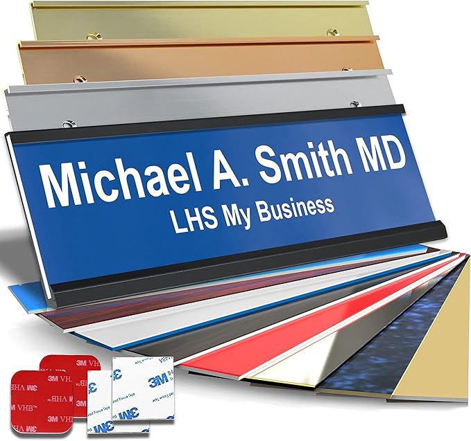 Personalized Name Plate with Choice of Mounting for Walls, Doors, Desk Holders, Cubicles, Hanging and More - Custom Blue Plastic White Letters - USA Made 2x8 - B9