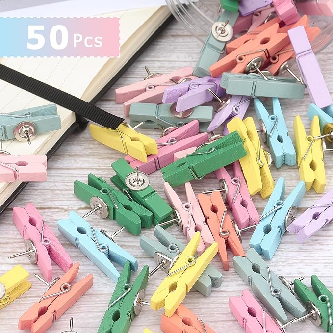 50 PCS Wooden Clips Colorful Push Pins Tacks for Cork Board Artwork, Crafts Arts Projects(Macaron)