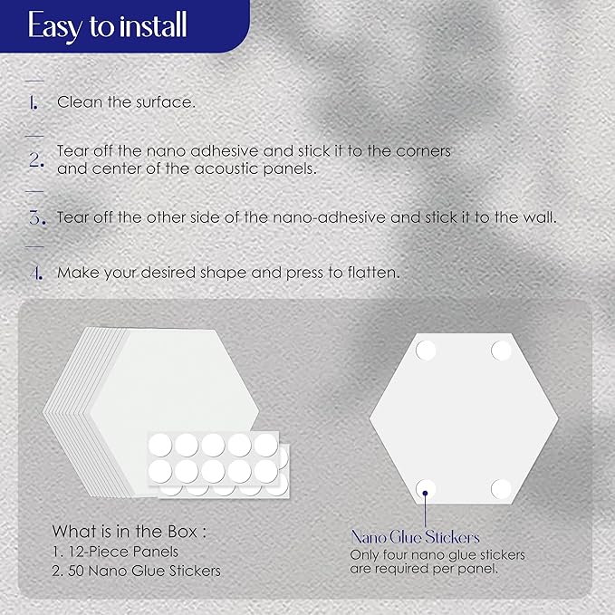 Reverbeon Hexagon Acoustic Panels Pack of 12 - Soundproofing Wall Panels with Nano Double-Sided Tape, White Polyester Sound Absorbing & Noise Reducing Panels 14x12x0.4In for Studio Home Office Walls