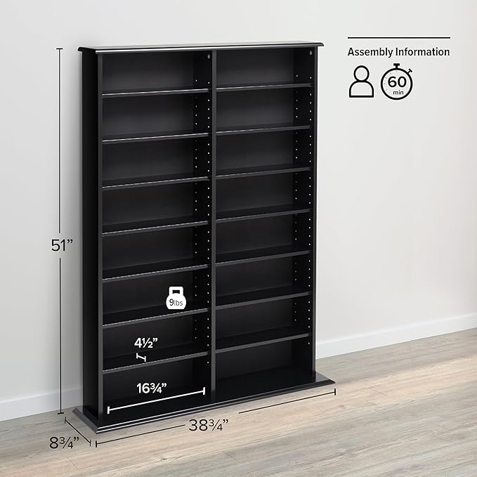 Prepac 2 Column Display Cabinet Media Storage, Double Width Wall, Black