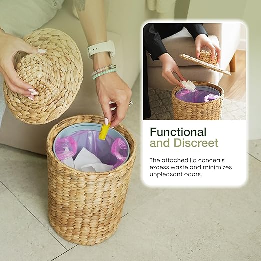 Tidita 2 Gallons Wicker Waste Basket - Water Hyacinth Bathroom Garbage Can with a Lid - Bathroom Trash Can Boho Style - Wicker Trash Can with Lid for Household, Kitchen - Removable Liner, Iron Frame