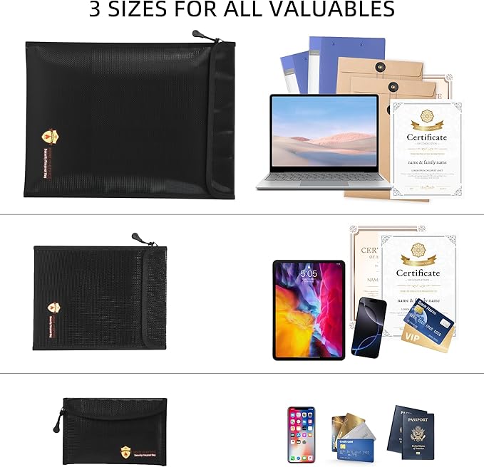 3 Pcs Fireproof Waterproof Document Bag(2000℉), Fire and Water Resistant Safe Zipper Storage Organizer Pouch for A4 A5 Documents Holder, Cash, Passport, Tablet, Laptop, File, Jewelry