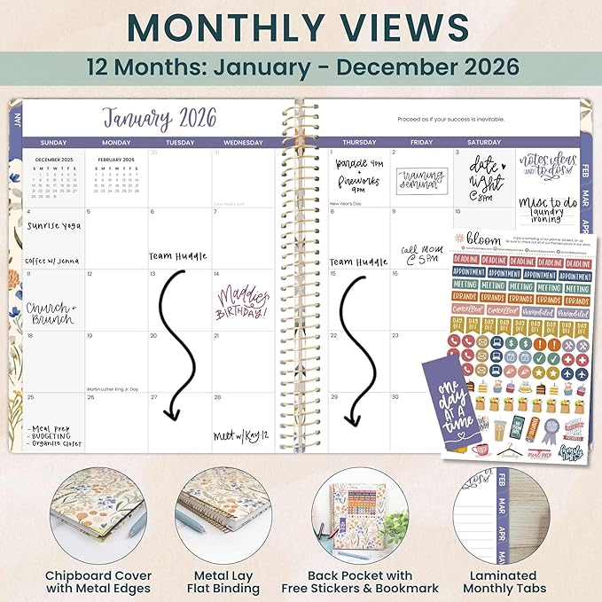 bloom daily planners HARDCOVER 2026 Planner (January to December) - 8.5” x 11” Weekly & Monthly Dated Agenda Organizer Book with Stickers & Tabs - Whimsical Wildflowers