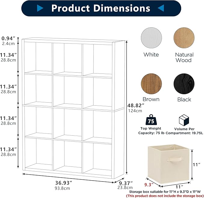 Jpiziso 12-Cube Storage Organizer, Wooden Cube Shelf Bookcase with Reinforced Thick Shelves, Heavy-Duty 36.93" L x 9.37" W x 48.82" H, for Living Room Bedroom Home Office, White