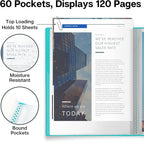 Dunwell Presentation Binder 60-Pocket, Displays 120 Pages, 8.5x11 Portfolio Binder with Plastic Sleeves, Storage and Organizer for Documents, Photos, Kids Artwork, Projects, Recipes (Aqua)