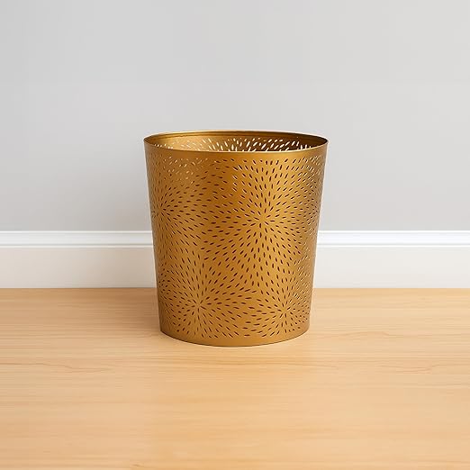 TUP THE URBAN PORT 10" Decorative Iron Wastebasket Trash Can | Matte Gold | Leaf Etched Design