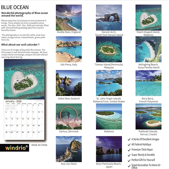 2026 Wall Calendar,Calendar 2026, November 2025 - December 2026, Wall Calendar Ocean Beaches, 12" x 24" Opened,Full Page Months Thick & Sturdy Paper for Calendar Organizing & Planning