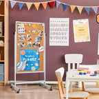 Double Sided Cork Board White Board, 32 x 48 inches Large Cork Board for Office, Height Adjustable Magnetic Dry Erase Board on Wheels, Portable Freestanding Natural Corkboard for Displaying, Planning