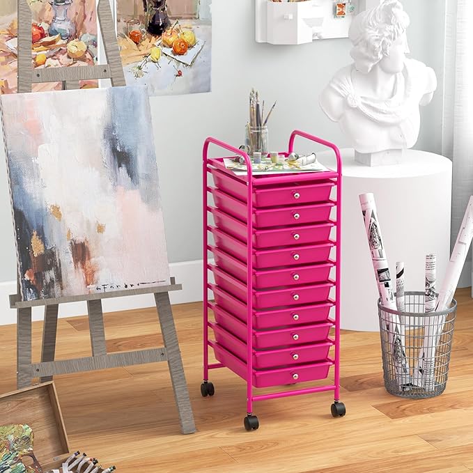 GLACER 10 Drawers Rolling Cart, Storage Cart with w/Removable Drawers & Steel Frame, Utility Mobile Trolley w/Universal Casters & 2 Brakes, Organizer Cart for Home, School, Office (Hot Pink)