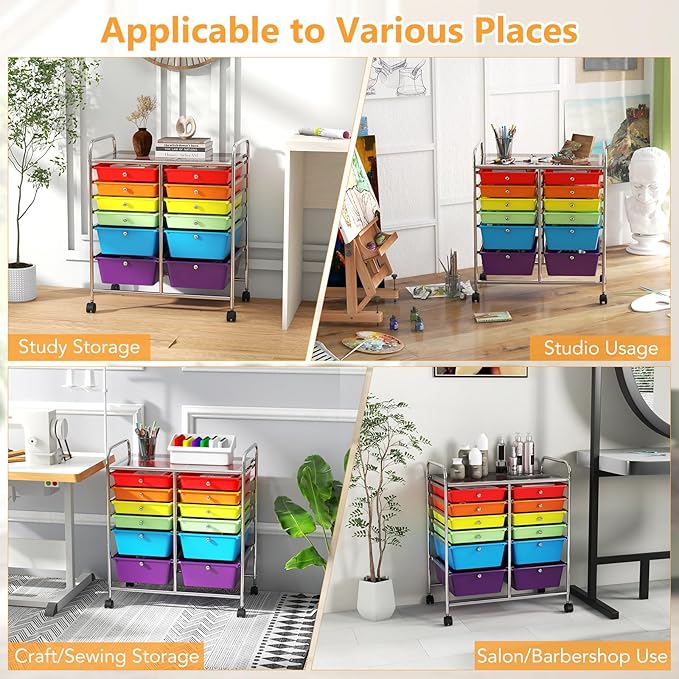 HAPPYGRILL 12-Drawer Rolling Storage Cart, Multipurpose Organizer Cart for Home Office School, Utility Cart with Wheels, (Colorful)