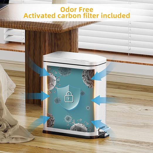 KdbK Bathroom Trash Can with Soft Close Lid, 15L/ 4 GallonRectangular Trash Can with Removable Wastebasket, Step Pedal, Slim Wastebasket for Bedroom, Home Office,Silver
