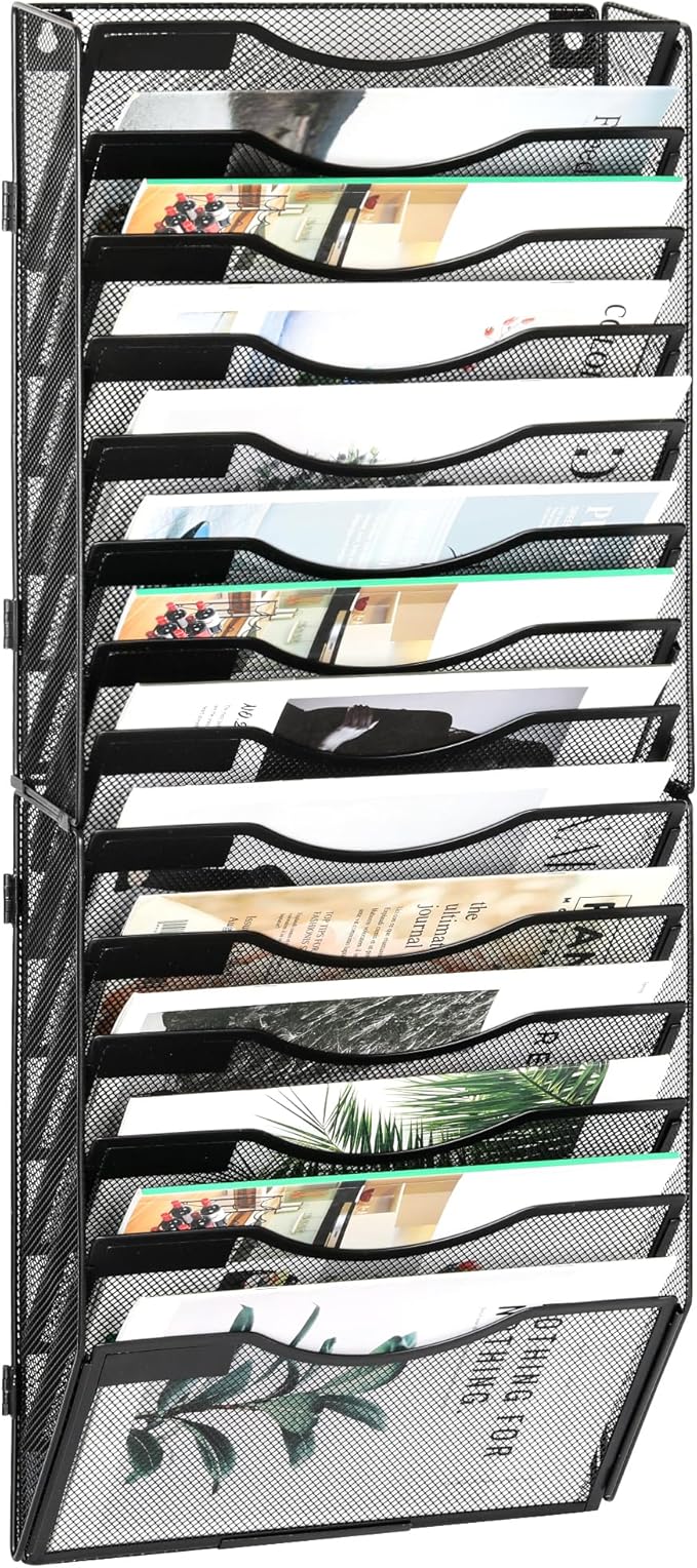 EasyPAG Wall File Organizer for Office 14 Pocket Mesh Wall Mounted Paper Organizer Hanging Folder Holder with Nametag Label for Home School, Black
