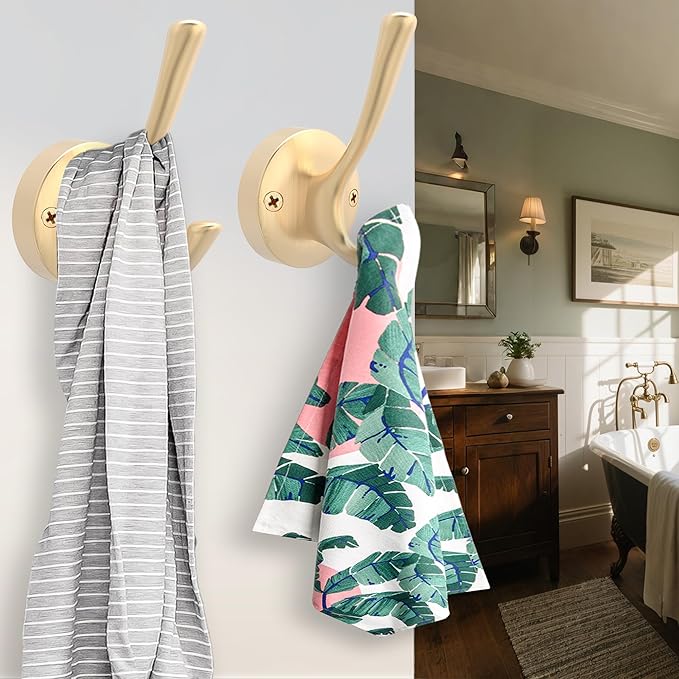 TOFIIGREM Gold Coat Hooks for Wall, 2 Pack Heavy Duty Towel Robe Hooks, Hats Hooks for Entryway Cubicle Closet Mudroom Bathroom Garage