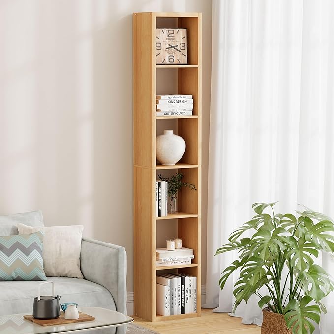 6 Cube Storage Organizer Single Row, Cube Shelf with Heavy-Duty Thick Boards, 13.31"L x 9.37"W x 72.36"H, Smooth Easy-Clean Panels, Simple Assembly, for Living Room Bedroom Office, Natural-Oak
