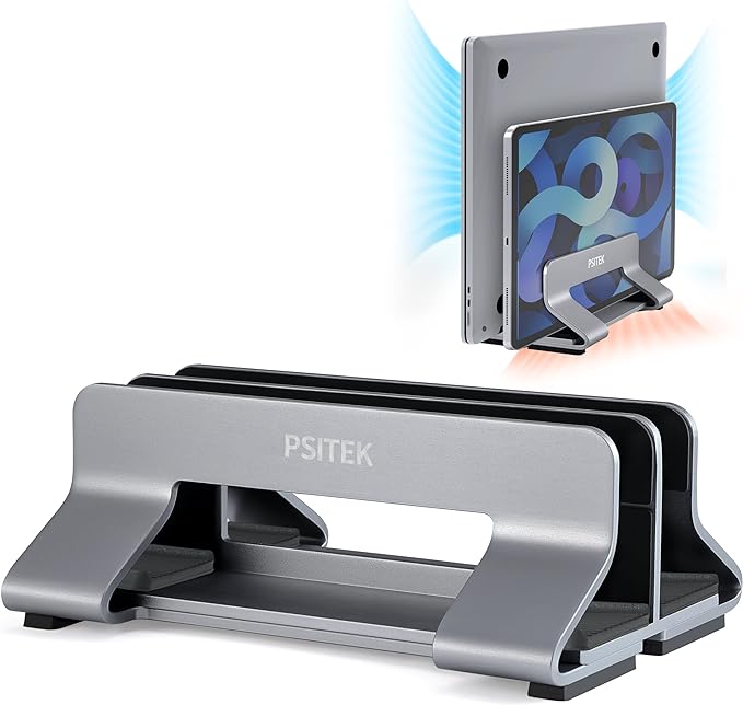 Psitek Aluminum Dual Vertical Laptop Stand Dock Holder, Supports 2 Devices, Adjustable Slot Width 15-36mm, Space-Saving Upright Storage for MacBook and Laptops