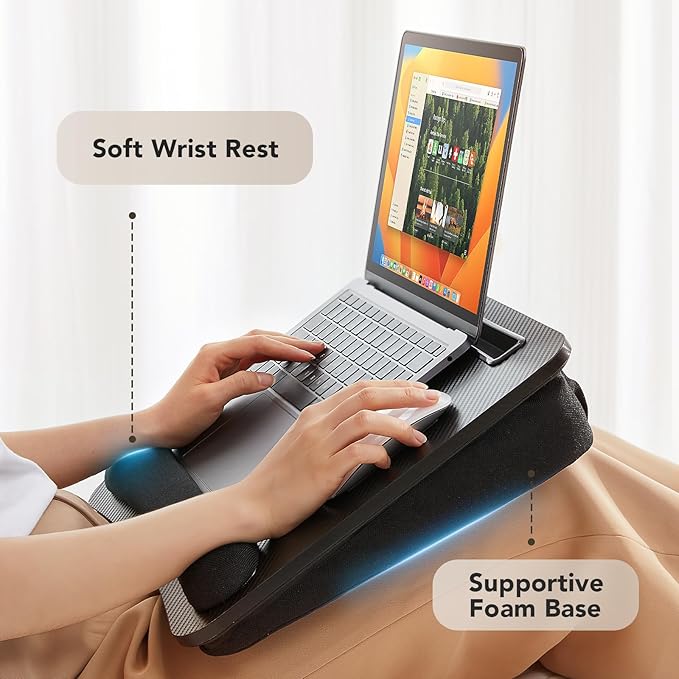 HUANUO Lap Laptop Desk - Portable Lap Desk with Pillow Cushion, Fits up to 15.6 inch Laptop, with Anti-Slip Strip & Storage Function for Home Office Students Use as Computer Laptop Stand - Black
