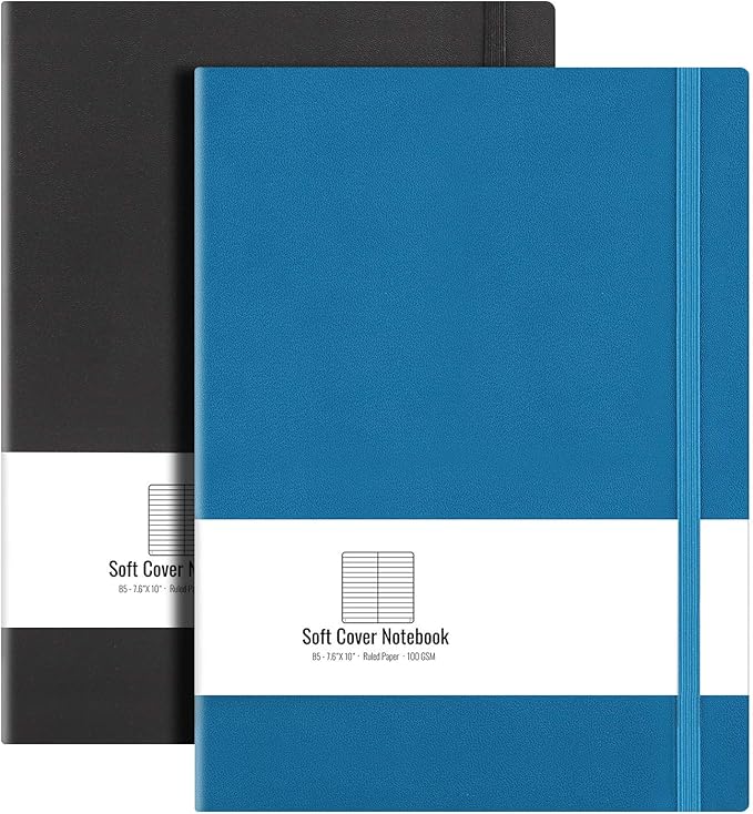 B5 College Ruled Notebook Softcover Journals(2-Pack)- AHGXG Large Composition Notebook 7.6 x 10 inch with Thick 100gsm Lined Paper, Total 408 Numbered Pages (Black Blue)