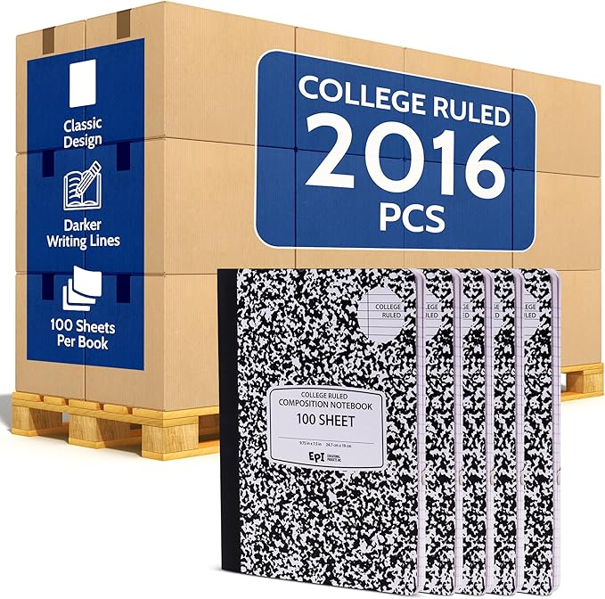 EPI 2016 Pack (Pallet) College Ruled Composition Notebook Bulk, 200 pages (100 Sheets), 9-3/4 x 7-1/2, Black Marble, Bulk School Supplies, Heavy Duty, Durable Office Notebooks, Sturdy Sewn Binding