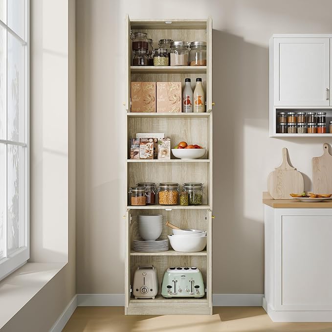 Cozy Castle Kitchen Pantry Cabinet, 75" Tall Wood Storage Cabinet with Doors and Shelves, 4 Doors Open Countertop Utility Hutch Cupboard for Dining Room Living Room Bathroom Furniture, Whitewashed Oak