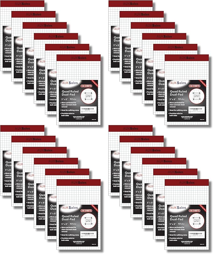 Grid Paper Pad 5x8 Inches, Graph Paper Pad 4x4, Grid Notepad, 24 Pack, 5x8 Graph Paper 1/4 Grid, Graphing Paper, Engineering Pad, 100 Sheets 200 Pages Perforated Pad for School, Home, & Office
