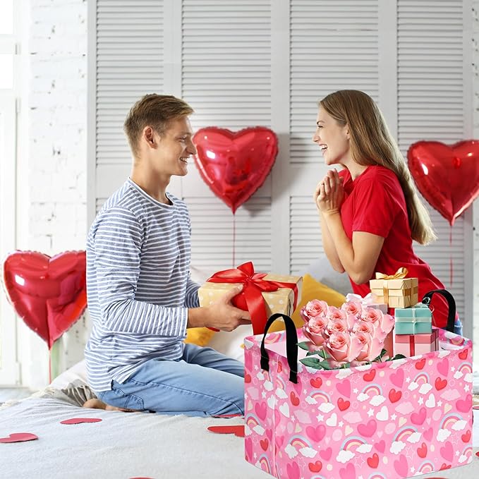 FUULOXE Rectangular Valentines Basket Storage Bin for Shelves Girls Gifts Baskets Foldable Box with Handles for Home Office Car Dormroom Valentine's Day Party Supplies