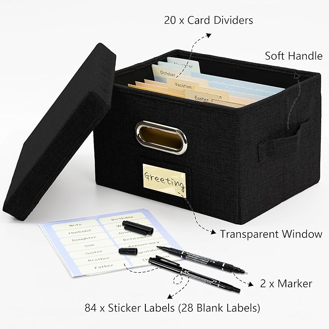 Remowith Greeting Card Organizer and Storage Box with 20 Pcs Adjustable Dividers, Storing Cards with 84 Pcs Labels Perfect for Storing Greeting Cards, Envelopes, Photos 1 Pack Black